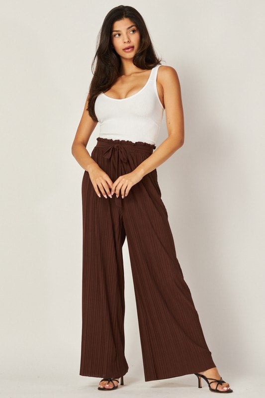 Pleated Paper Bag Self Tie Wide Leg Pants Rooted Boutique Salon